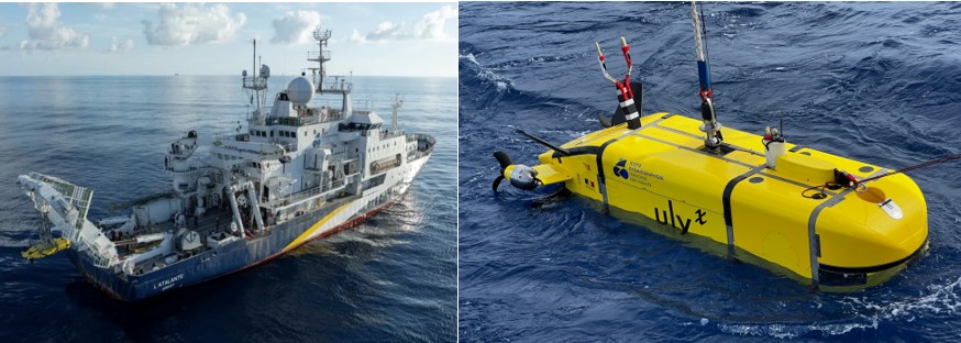 Le navire Océanographique L’ATALANTE, avec le sous-marin autonome ULYX, lors de la campagne NODSSUM 2025 © IFREMER